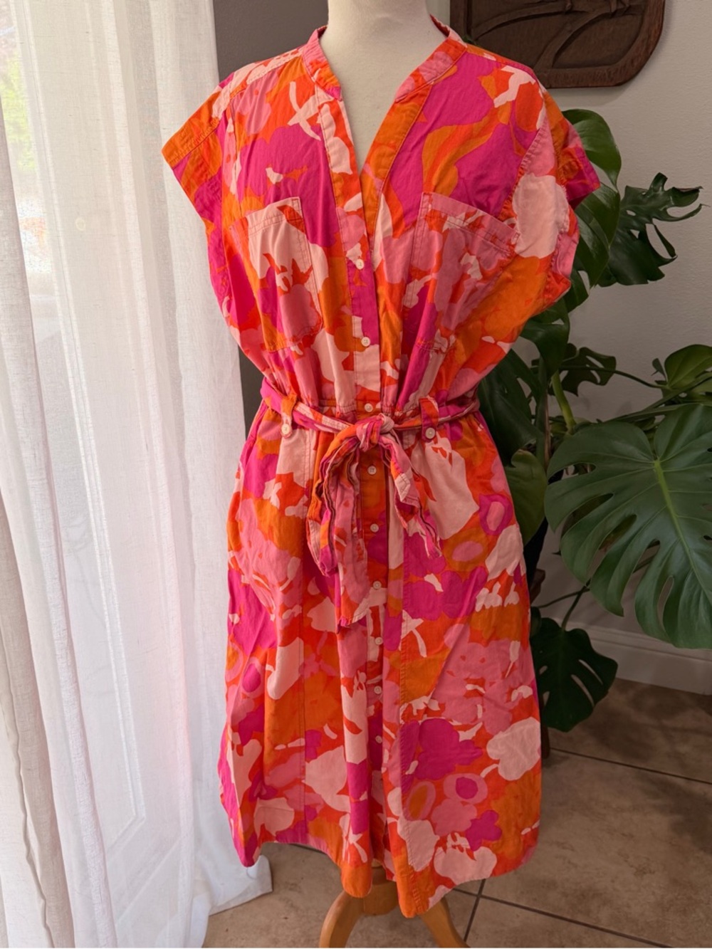 Free Assembly Dress XL Pink Orange Floral Button Front Belted